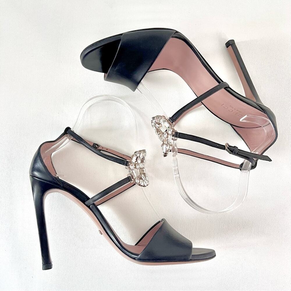 GUCCI || GG Crystal Logo Strappy Heels Black Leather Sandals EU 38 - Picture 6 of 12